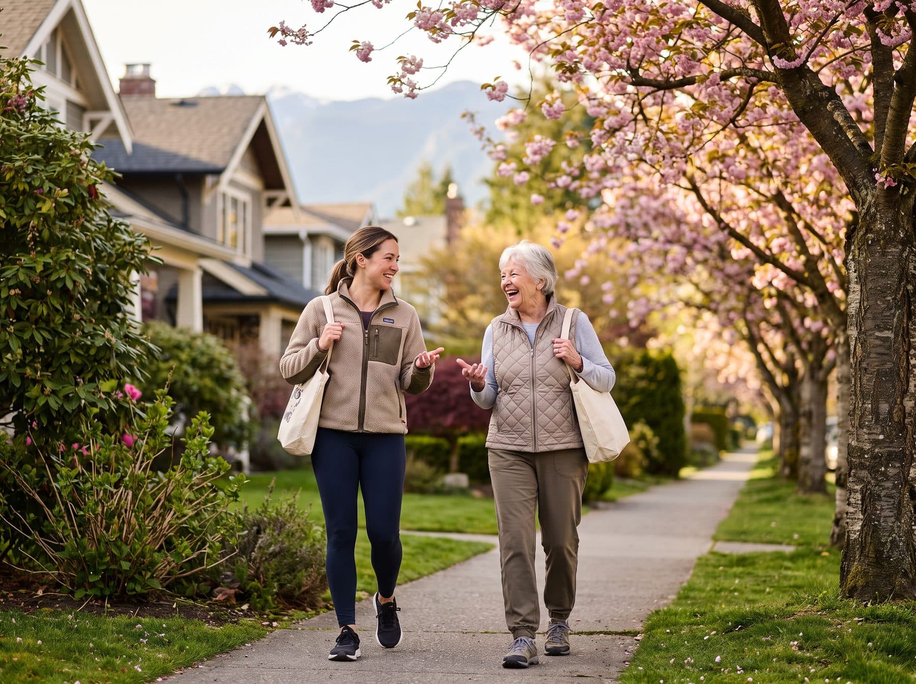 Activities & Wellness — Helper and senior walking under cherry blossoms