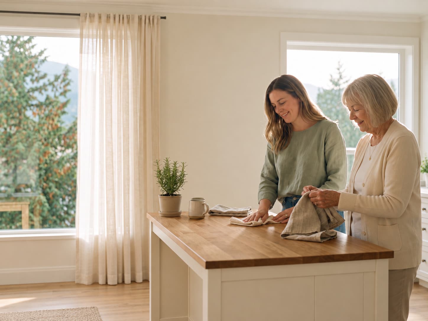 Home Support — Helper and senior folding linens in a sunny kitchen