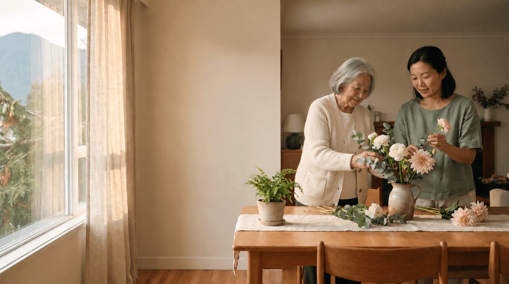 Respite Care — Helper arranging flowers with a senior at the dining table
