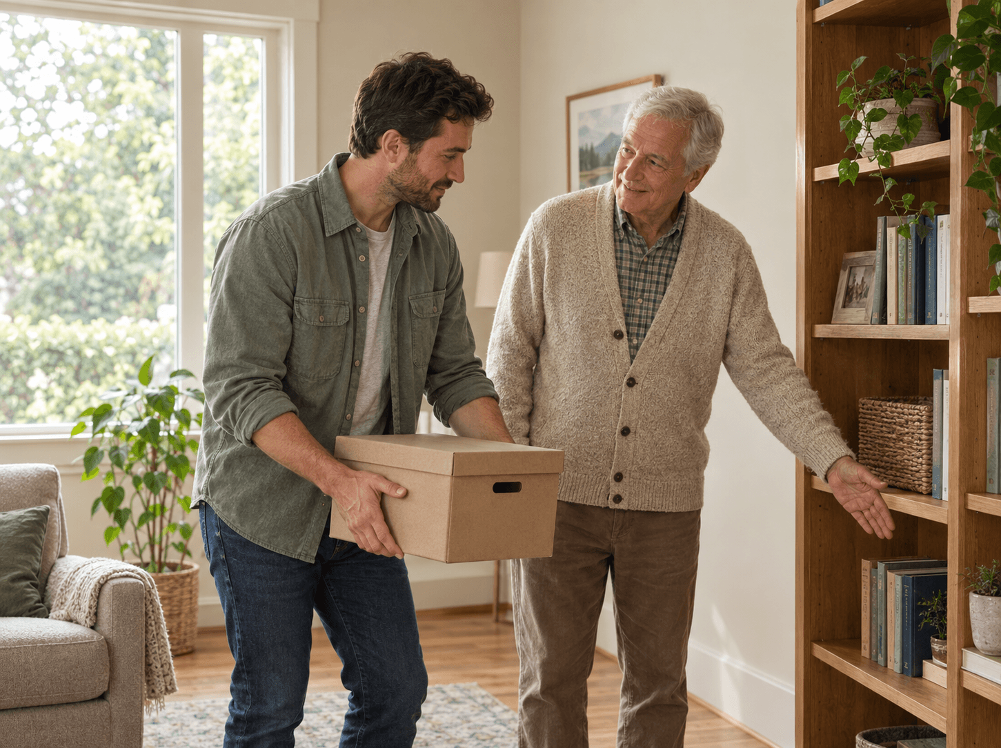Task Assistance — Helper carrying a box while a senior points to a bookshelf