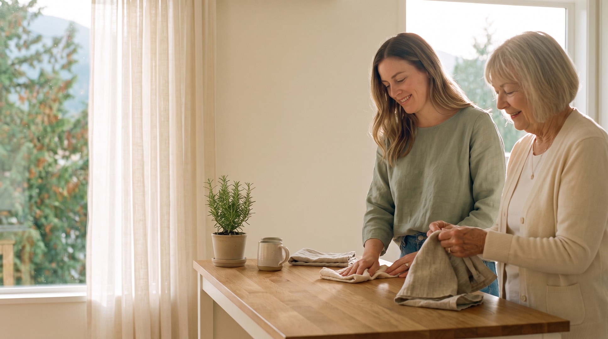 Helper and senior folding laundry at home