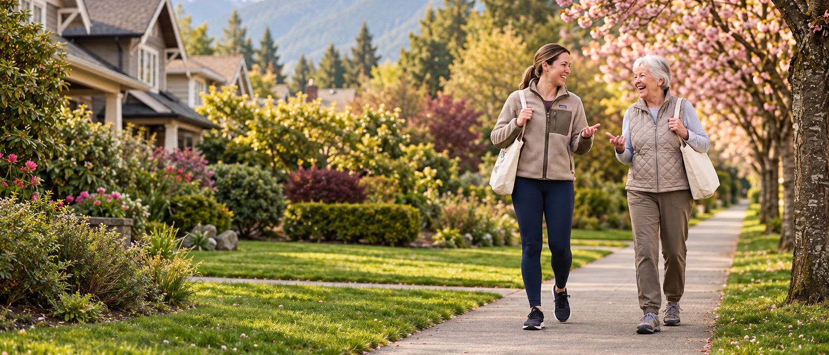Hero background — senior and Helper enjoying a walk on a tree-lined North Shore path