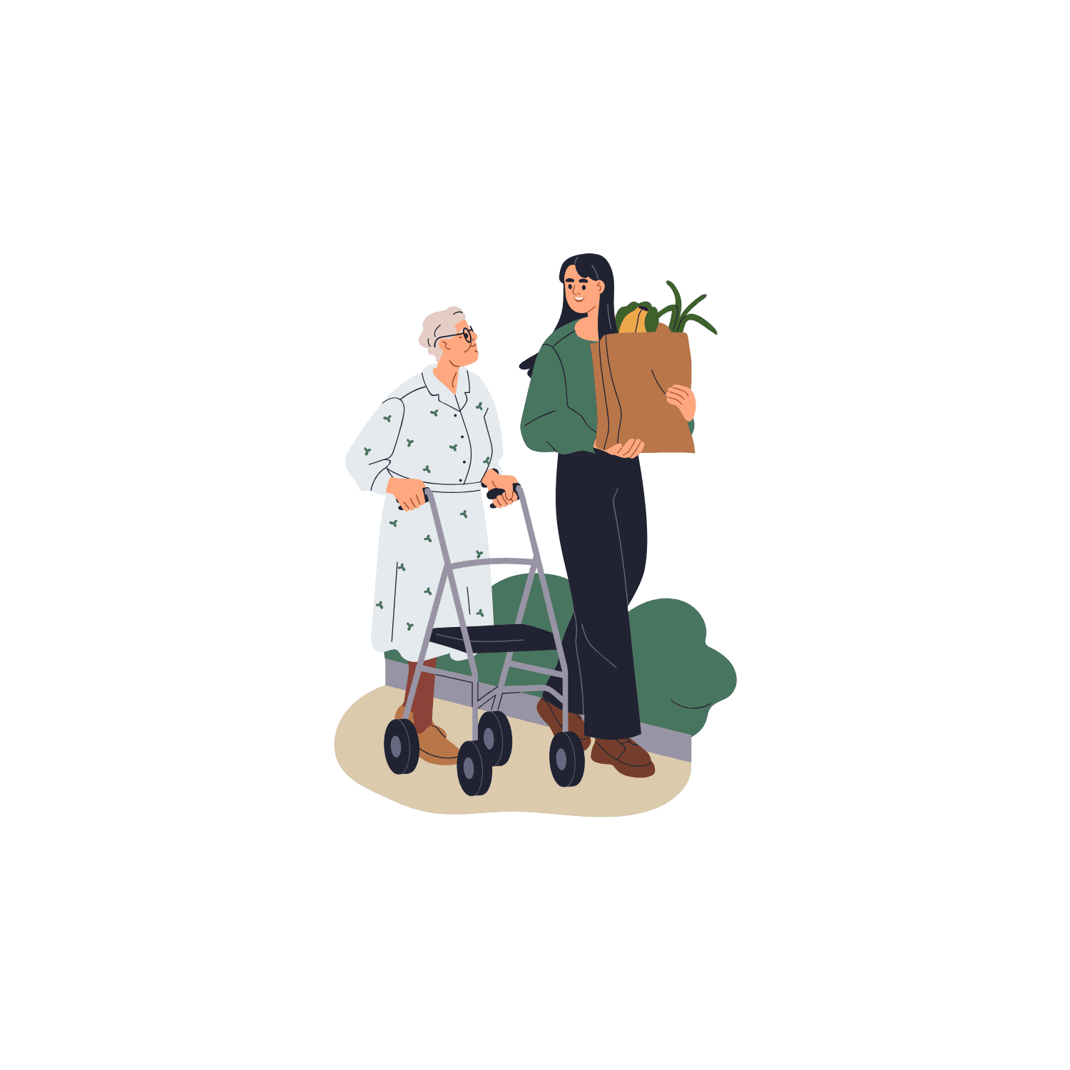 Walking buddy — Helper and senior walking along a tree-lined North Shore path