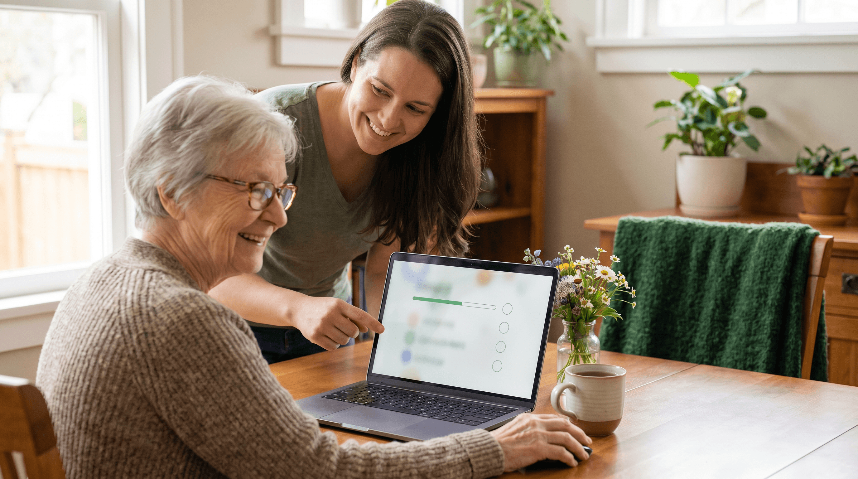 Built for ease & trust — Helper and senior smiling together at a laptop in a sunny kitchen